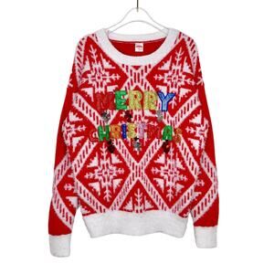 Holiday Time Red Merry Christmas Sweater Ugly Christmas Sweater Small